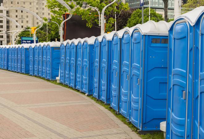 a fleet of portable restrooms ready for use at a large outdoor wedding or celebration in Blacksburg